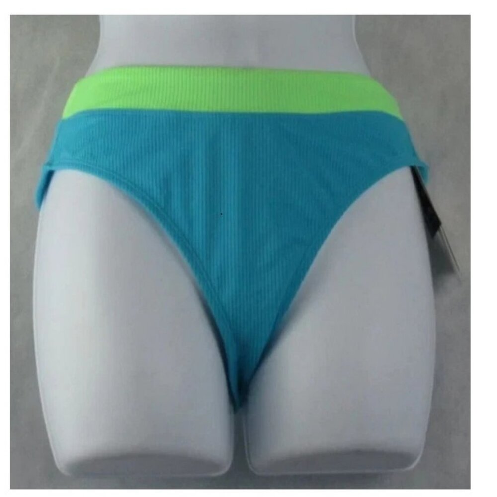 Salt + Cove Juniors High-Waisted Bikini Bottom Swimsuit, Blue With Green, Large